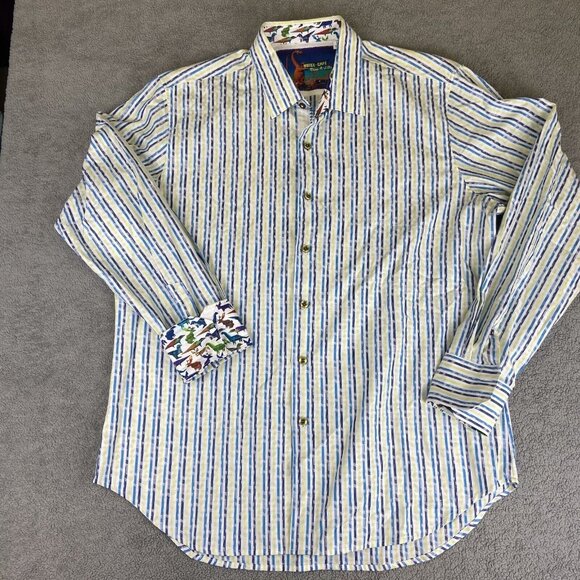 Robert Graham Shirt Men's Large Striped Button Long Sleeve Dinosaur‎ Flip Cuff - Picture 1 of 16